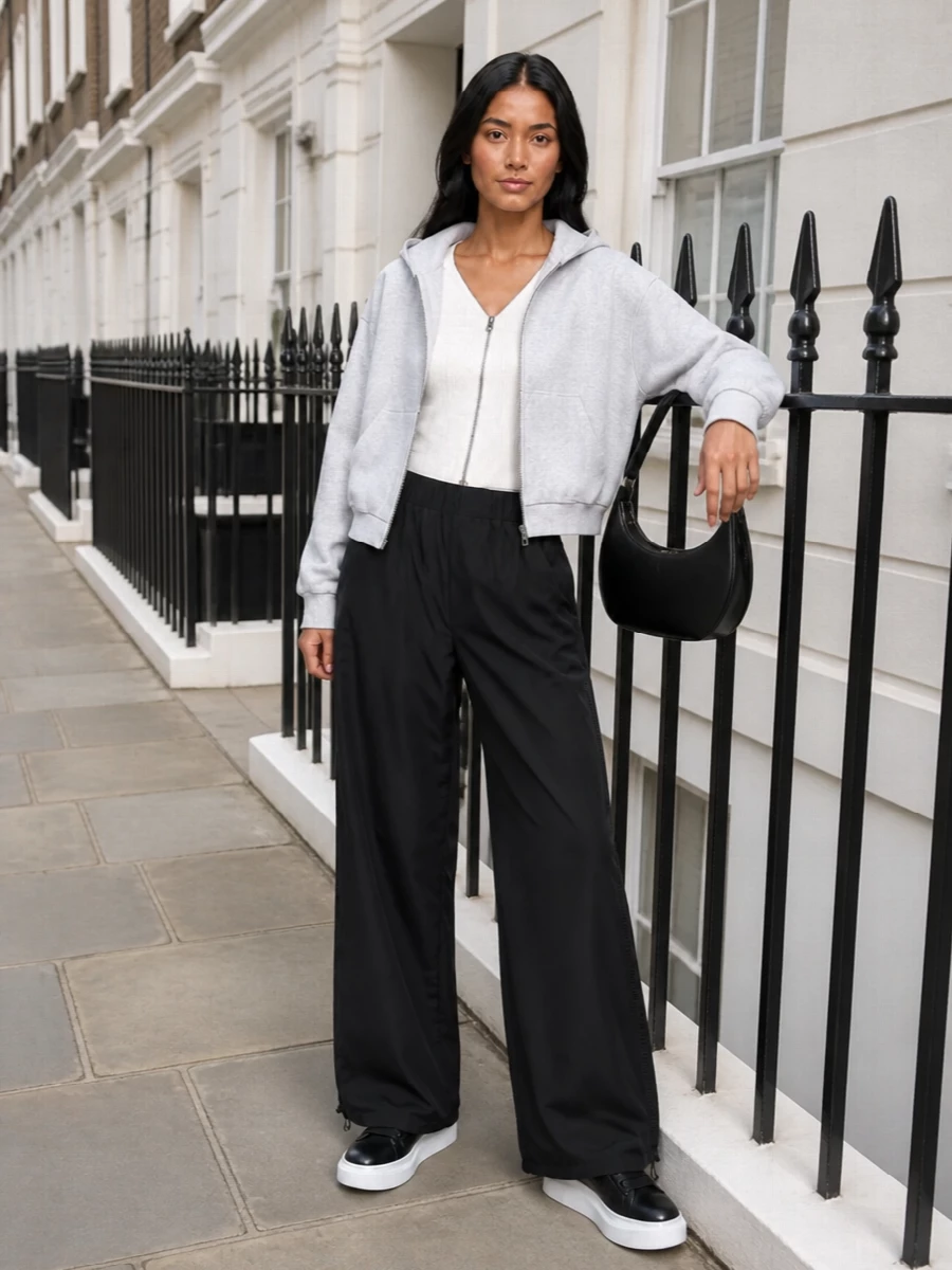 Alexander wang hoodie wide leg track pants outfit