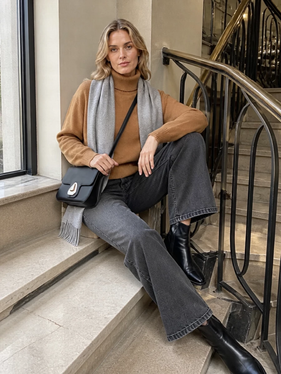 Apc wide leg jeans camel turtleneck black boots
