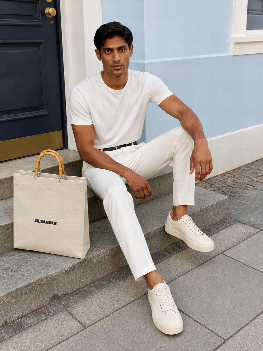 Jil sander white tee off white trousers outfit