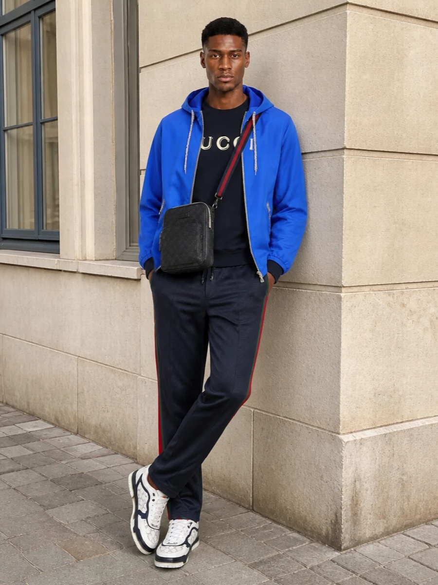 Gucci athleisure outfit track pants sneakers