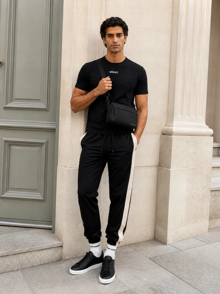 Versace track pants black logo tee sneakers