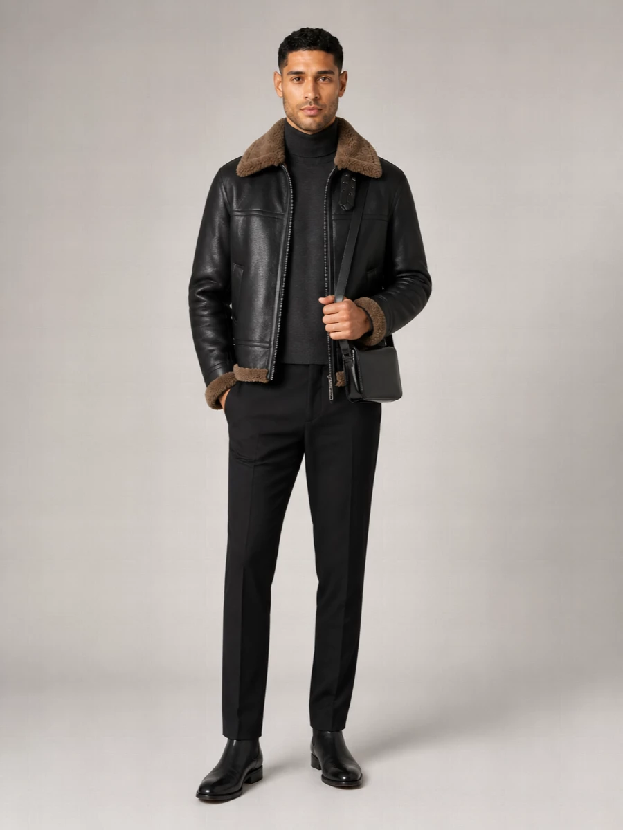 Saint Laurent Shearling Collar Leather Biker Jacket