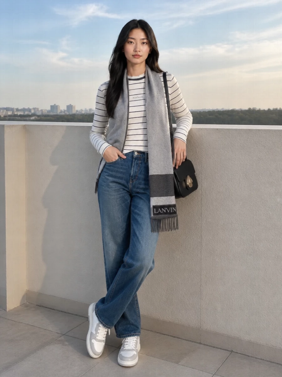 Acne studios striped top straight jeans sneakers