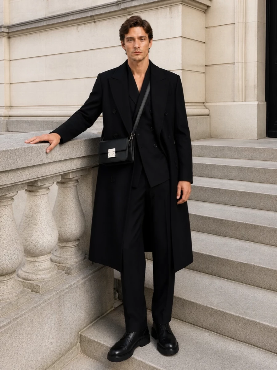 Balenciaga black coat tailored suit derbies