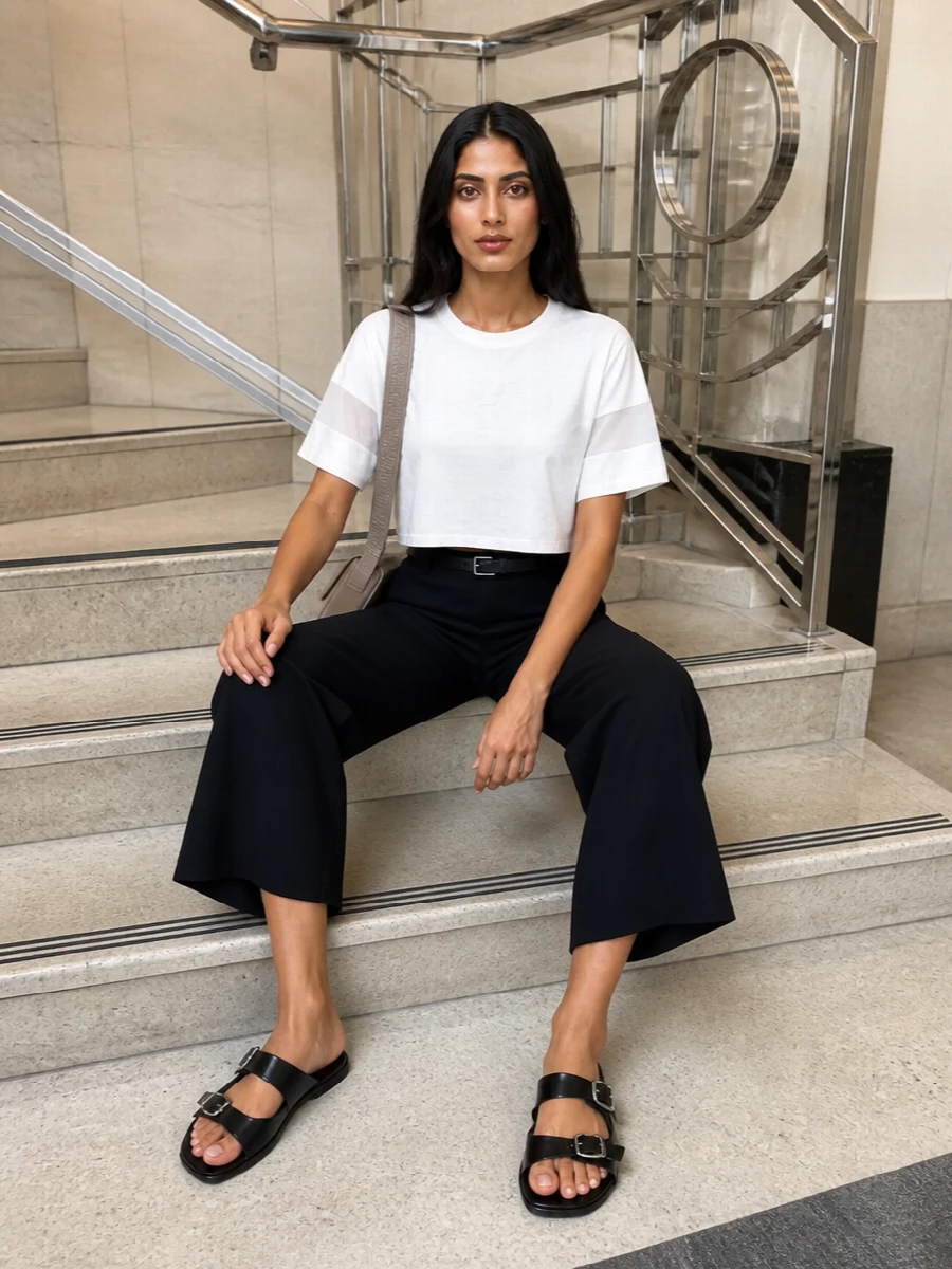 Emporio armani black wide leg trousers white tee
