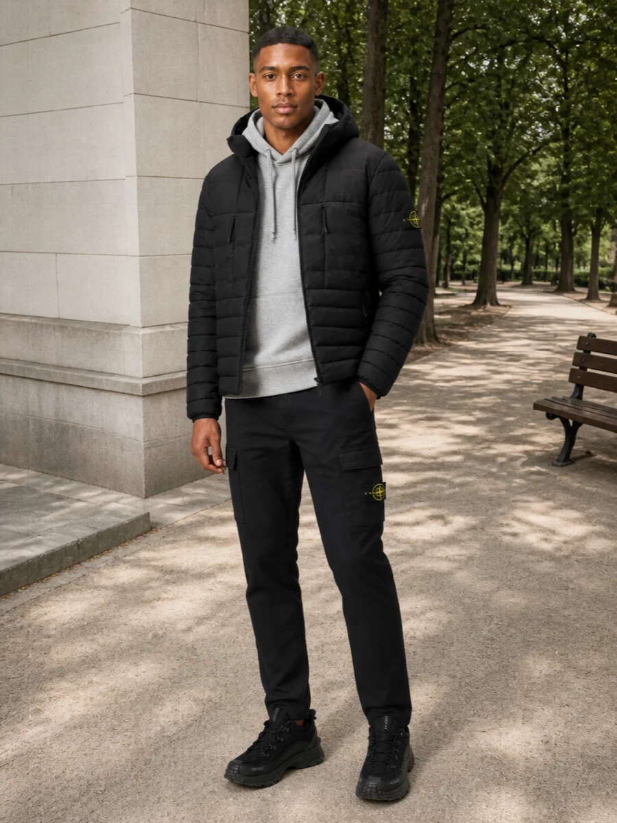 Stone island puffer cargo pants moncler sneakers