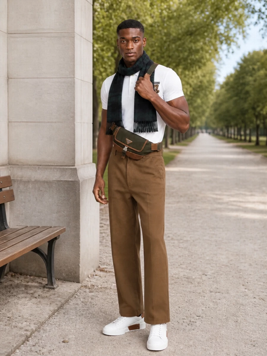 Moschino polo camel trousers white sneakers