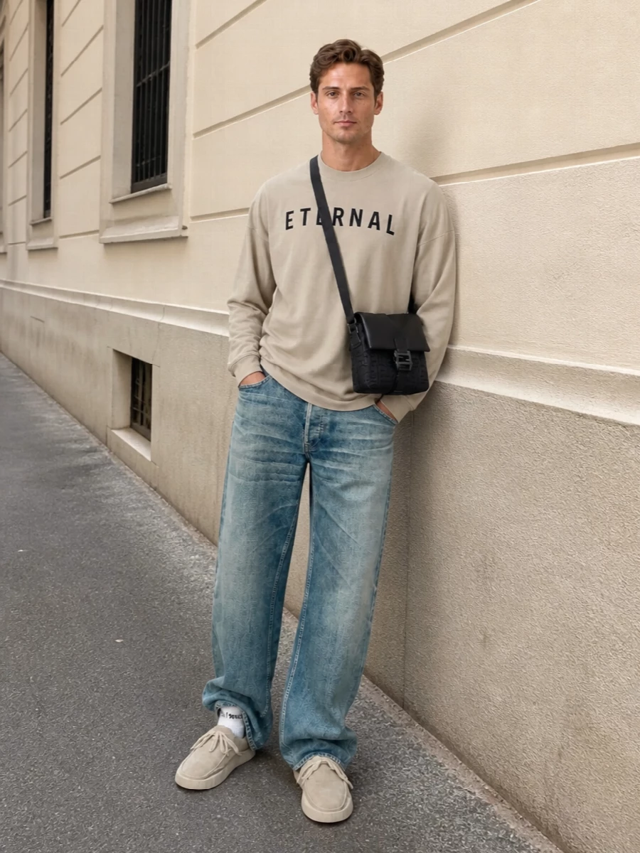 Relaxed mid-wash denim grounds a sand Fear Of God long-sleeve for a clean, West Coast uniform in soft neutrals. Sculptural suede sneakers keep the line modern and minimal, while a compact Fendi crossbody and athletic socks add just enough city edge without breaking the calm palette.