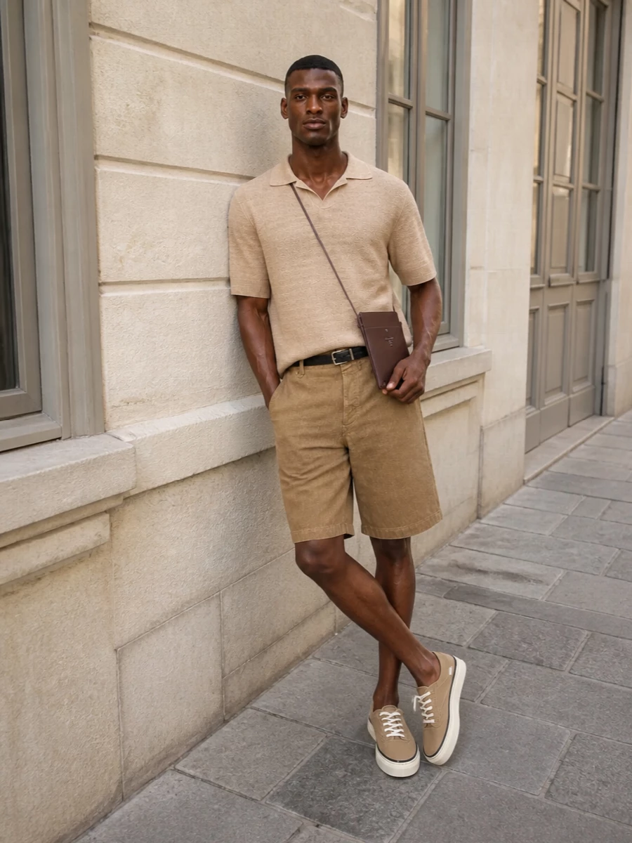 Jacquemus knit polo camel chino shorts outfit
