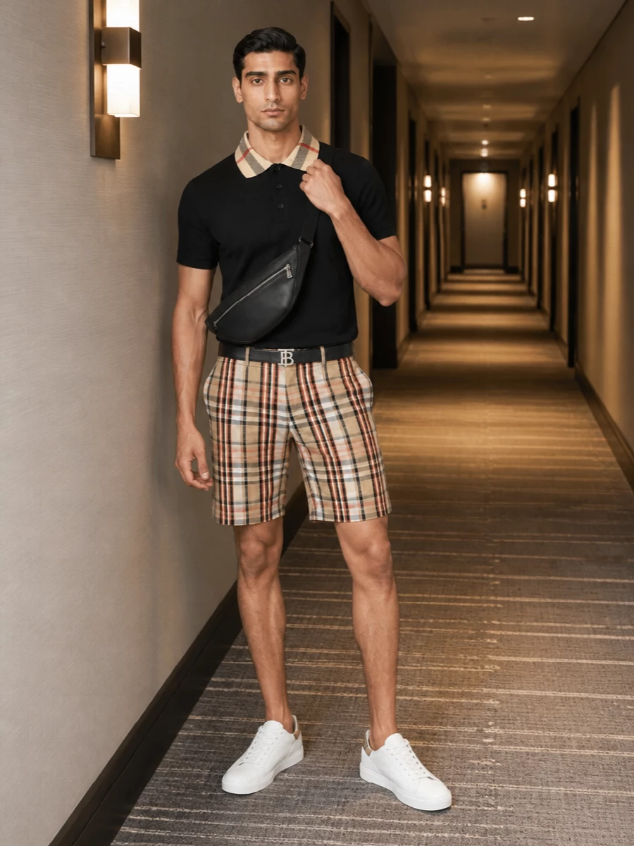 Burberry black polo tailored check shorts outfit