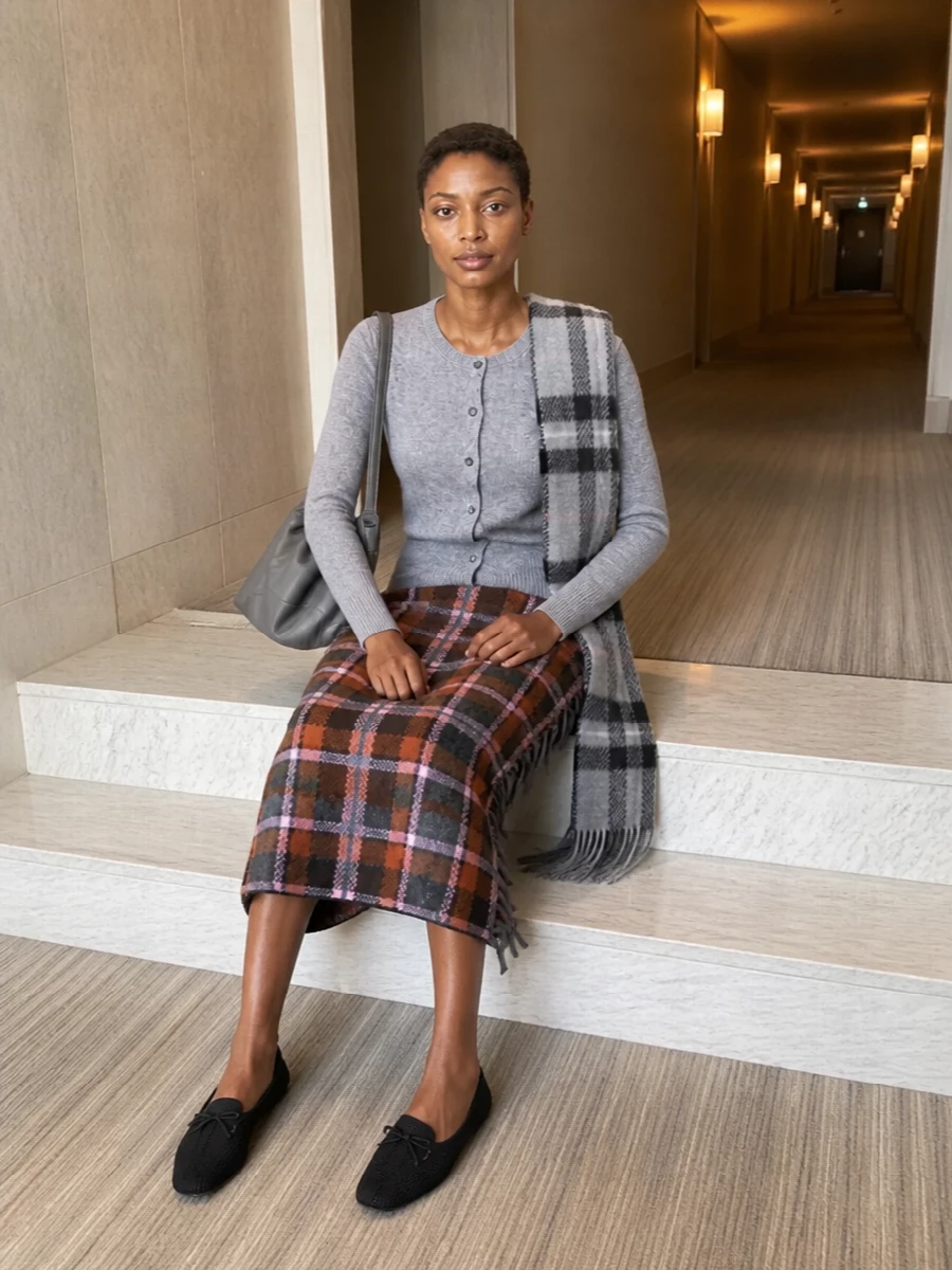 A heathered grey cashmere cardigan tops a rust and charcoal plaid knit midi, creating a quietly preppy column of soft texture and clean lines. Knitted black ballerinas and a steel-grey shoulder bag keep the palette refined and understated, while the tonal check scarf ties the greys together with a subtle heritage touch. The result is a warm, city-ready ensemble that feels thoughtful without trying too hard.