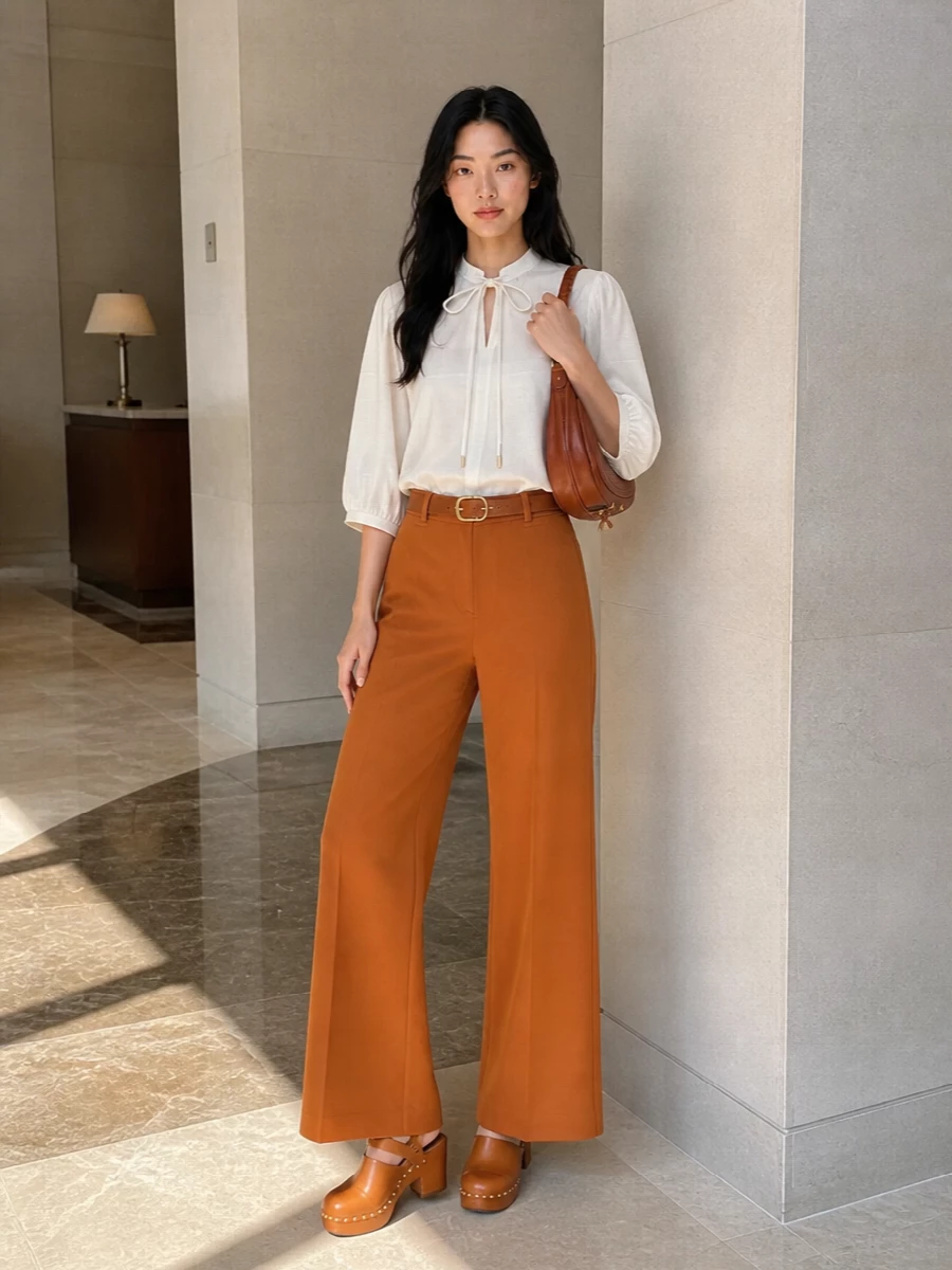 Chloe burnt orange wide leg trousers outfit
