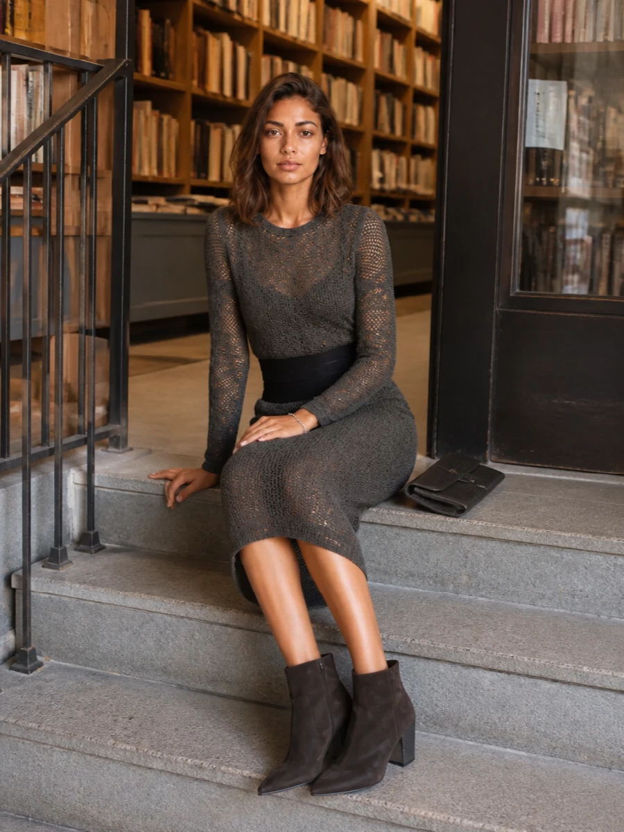 A sheer, shimmer-threaded knit dress is cinched with a sculpted black cummerbund belt, sharpening its soft midi column into a precise, evening-ready line. Espresso suede ankle boots and a charcoal flap clutch stay within the same moody taupe–charcoal spectrum, keeping the palette hushed while the textures quietly catch the light. A fine crystal-and-pearl bracelet gives just enough glow to feel like night without disturbing the minimalist, romantic mood.
