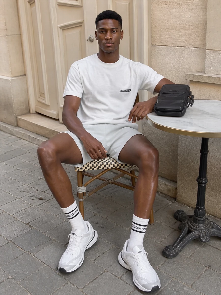 Balenciaga white sport shorts outfit runners