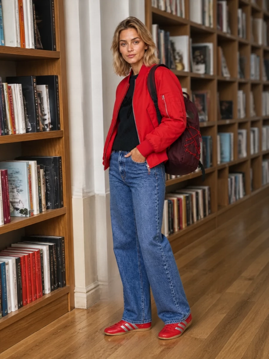 Anine bing red bomber straight jeans adidas