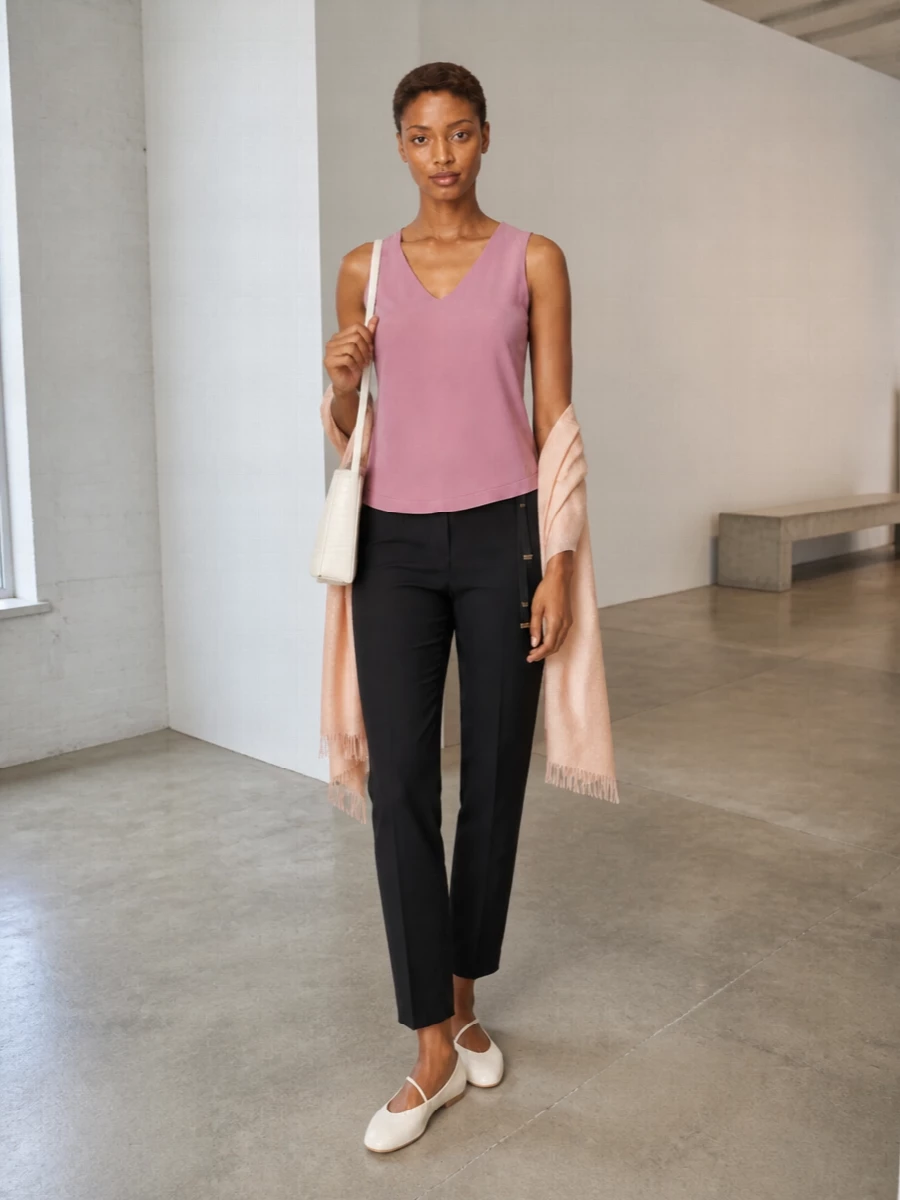 Dusty rose and black create a calm, modern contrast that feels considered rather than sweet, with the tailored trouser giving structure to the fluid shell. Soft ivory accessories keep the palette light and quietly refined, ideal for warm days that move from desk to dinner. The result is minimalist, feminine and composed without trying too hard.