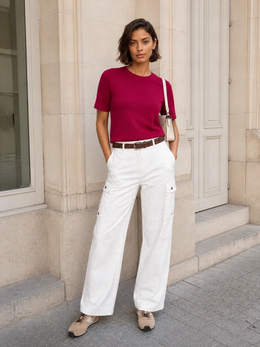Parosh raspberry knit white wide leg trousers
