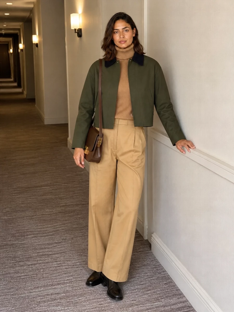 Apc olive jacket camel wide leg trousers