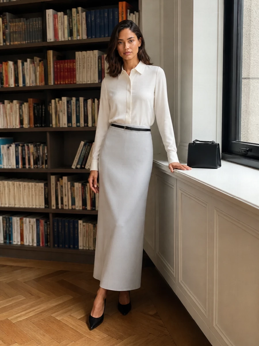 An ivory Max Mara shirt tucked into the soft grey column skirt creates a long, uninterrupted line that feels quietly formal and considered. Black sculptural pumps and a slim black shoulder bag sharpen the palette without overwhelming it. The slender black belt just hints at structure, keeping the whole composition clean and balanced for dinners or polished city evenings.