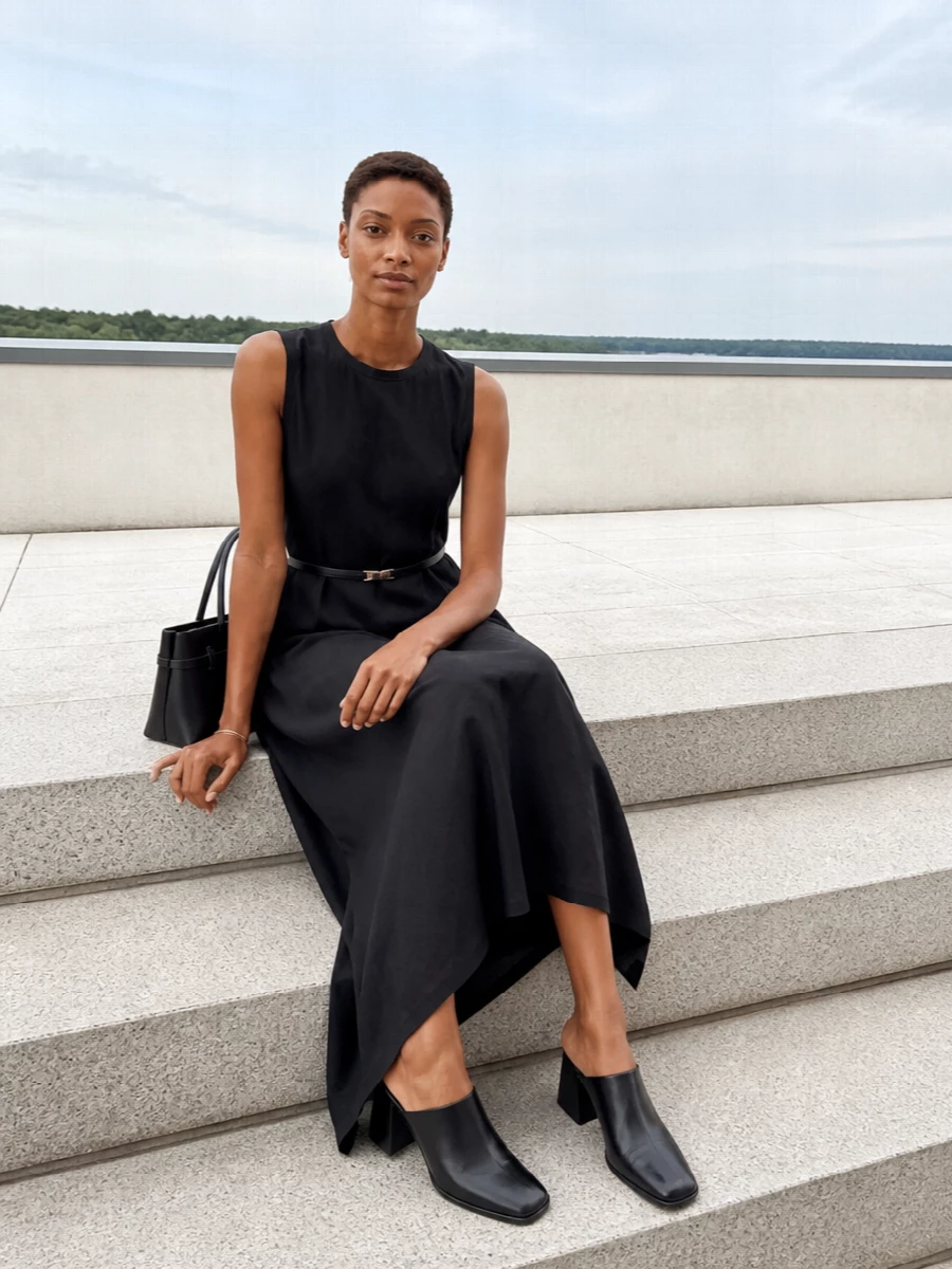 Uma wang black midi dress sculptural mules