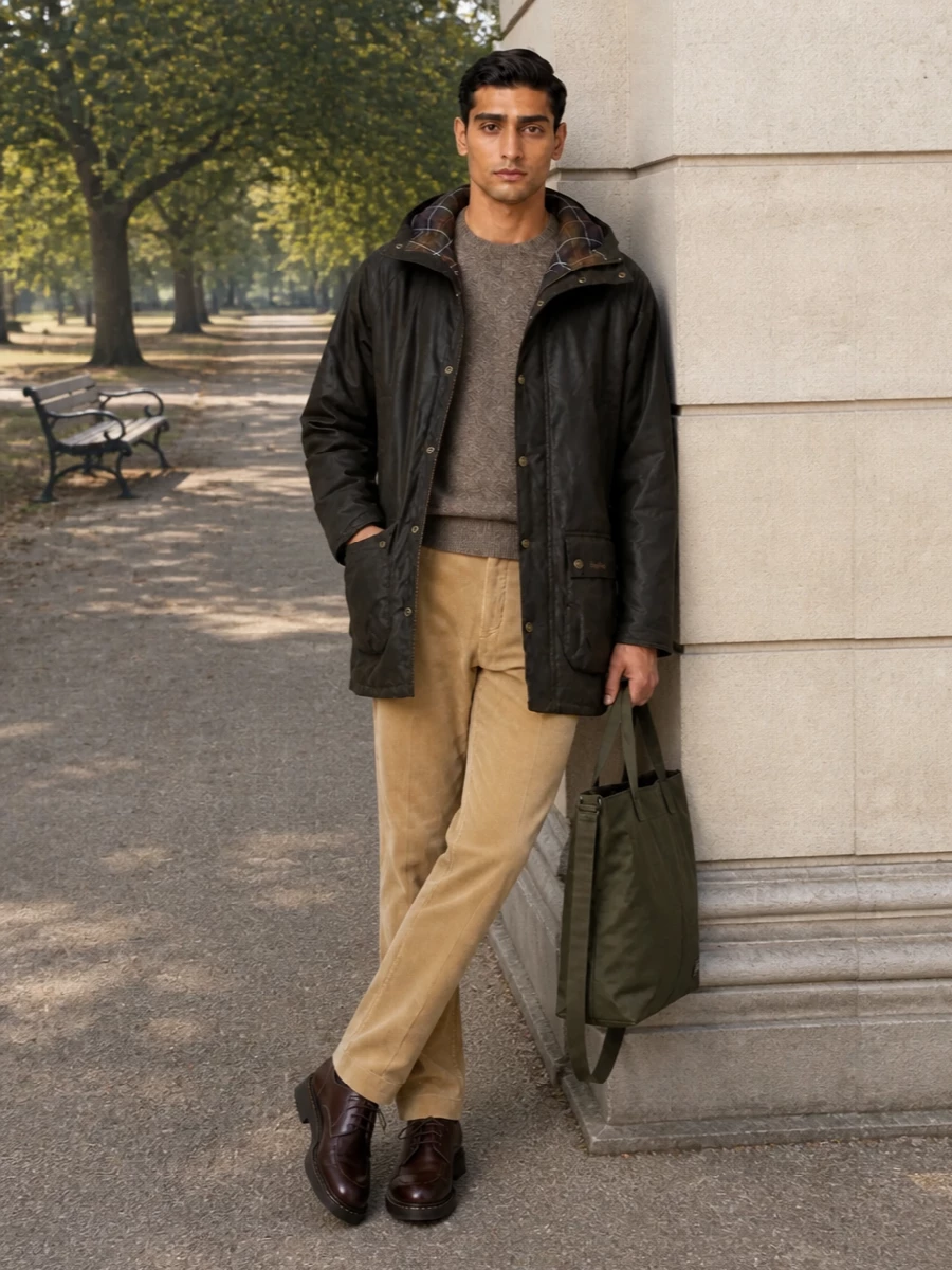 Barbour waxed parka camel corduroy paraboot boots