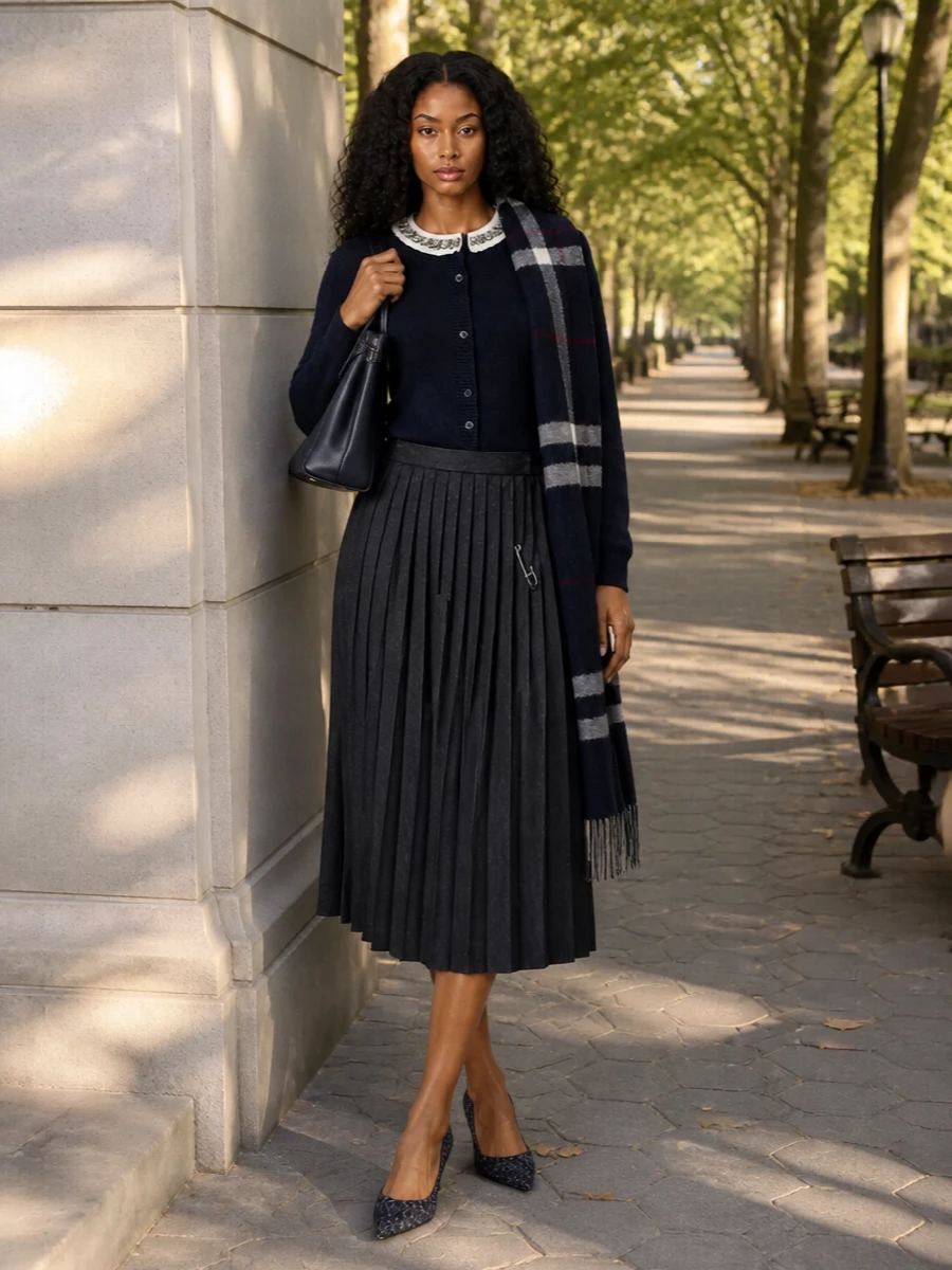 Prada navy crystal cardigan pleated midi skirt
