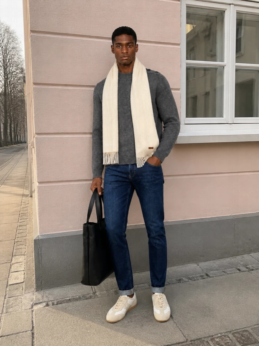 Slim indigo denim meets a charcoal crew knit for a clean, city-ready take on casual. Off-white vintage runners and a structured black tote keep the palette cool and restrained while staying practical for weekday movement. The cream scarf lightens everything just enough, giving the outfit a relaxed but considered finish for colder days.