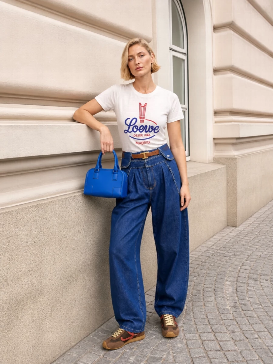 Loewe logo tee wide leg jeans sneakers