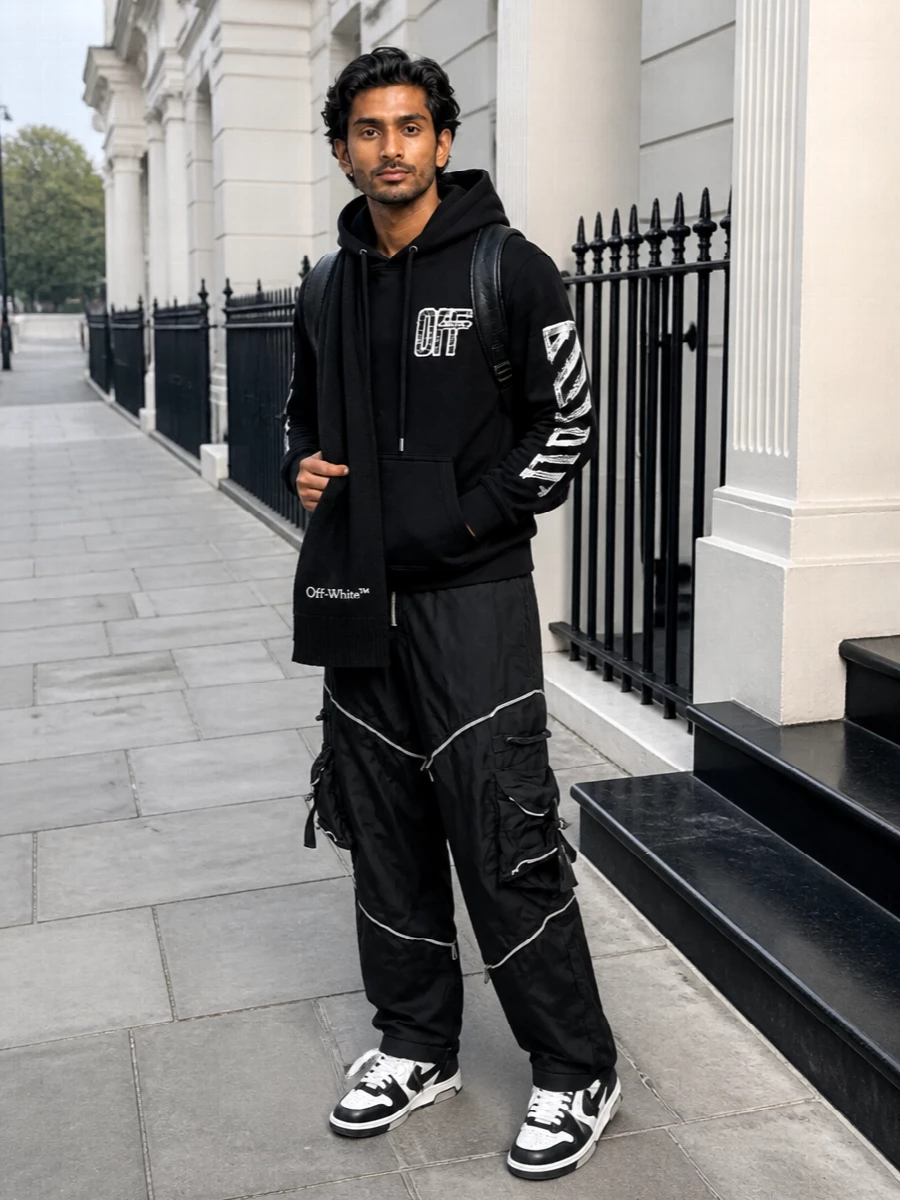 Off white hoodie black cargo pants hi top sneakers