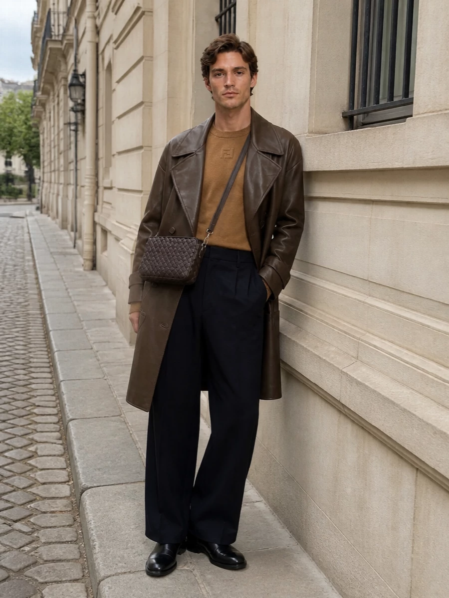 Fendi oversized leather coat chelsea boots outfit