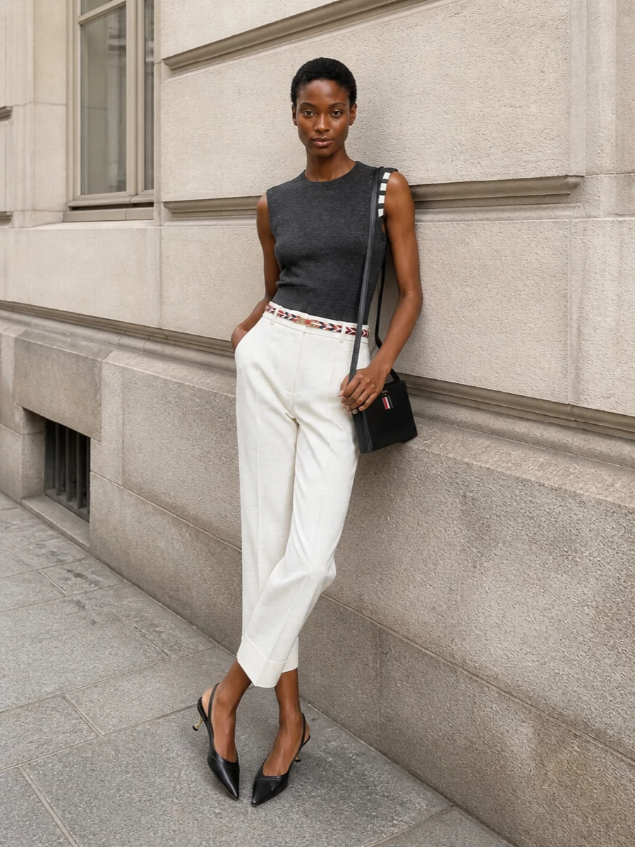 Thom browne charcoal shell cropped trousers outfit