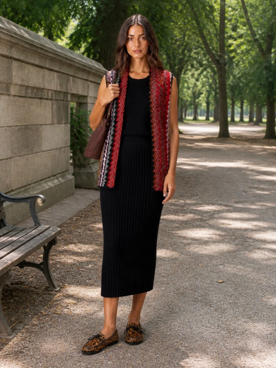 I am building around the Missoni vest as the hero, so I chose a slim top and knit skirt rather than a dress to keep the zigzag open and visible. The result is a relaxed, boho-leaning city ensemble where black knit foundations and sculpted ribbing calm the colour, while leopard moccasins and a paisley bucket bag echo the artisanal, travel-ready mood. It feels luxurious yet easy, perfect for days when you want personality without sacrificing comfort or coherence.