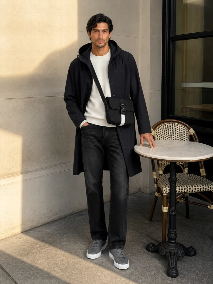 Apc mens raincoat black jeans outfit