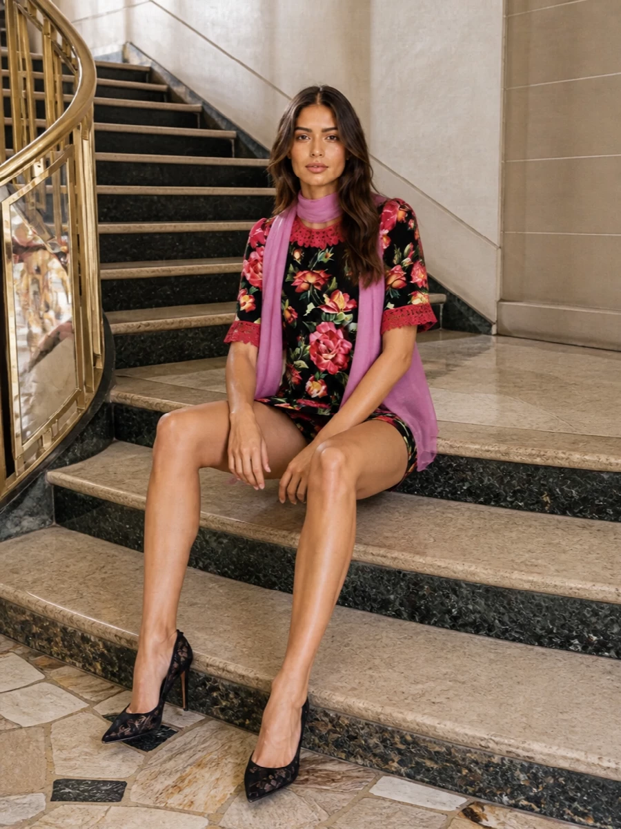 A floral mini with lace trim stays firmly in the spotlight, framed by black lace stilettos that sharpen the line of the leg. The slim black clutch keeps things polished but restrained, while a whisper-light rose wrap ties back to the dress’s pink blooms for a romantic cocktail finish. It is feminine, graphic and party ready without feeling overworked.