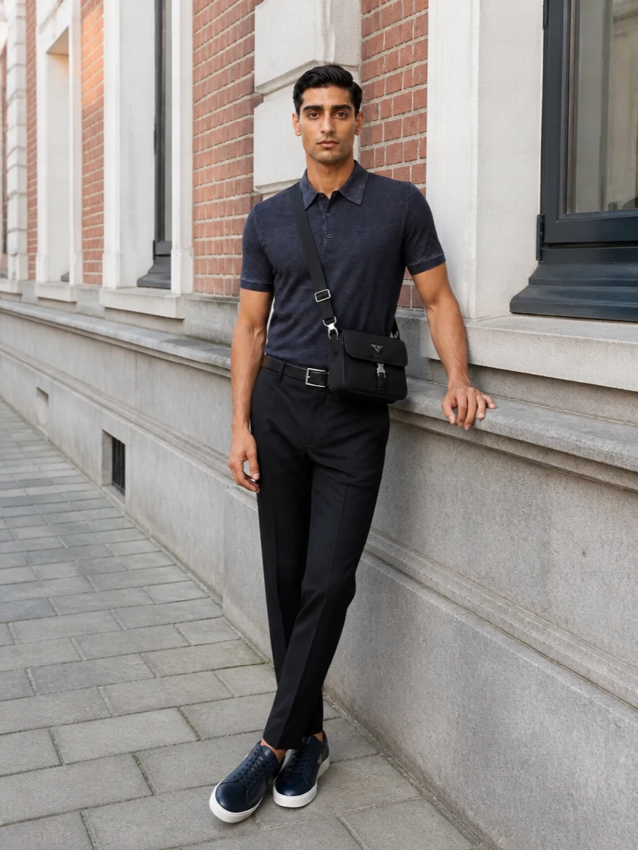 Prada navy trouser charcoal polo outfit