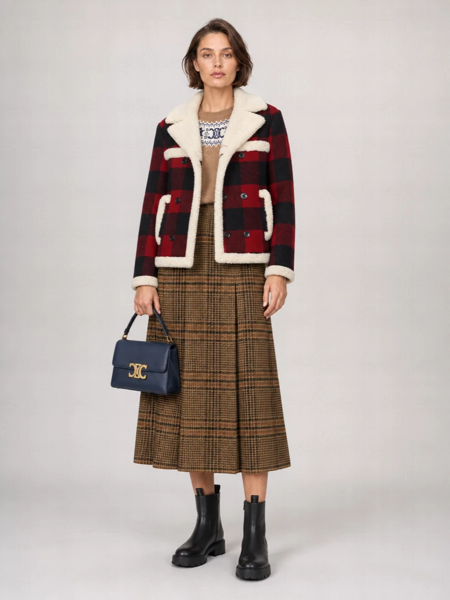 Celine Wool Check Double-Breasted Shearling Jacket