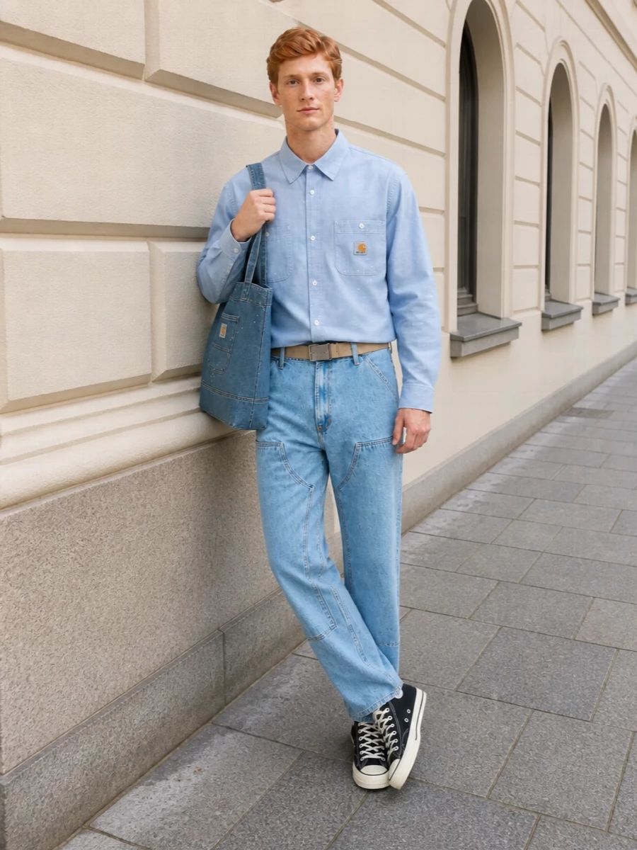 Light blue workwear denim on top and bottom creates a clean, monochrome base that feels lived‑in rather than precious. Black hi-top canvas sneakers and a sand webbing belt break up the blue with subtle contrast, keeping the silhouette grounded and skate-leaning. A paint-splatter denim tote finishes the outfit with practical volume and a consistent Carhartt WIP story that reads cohesive and street ready.