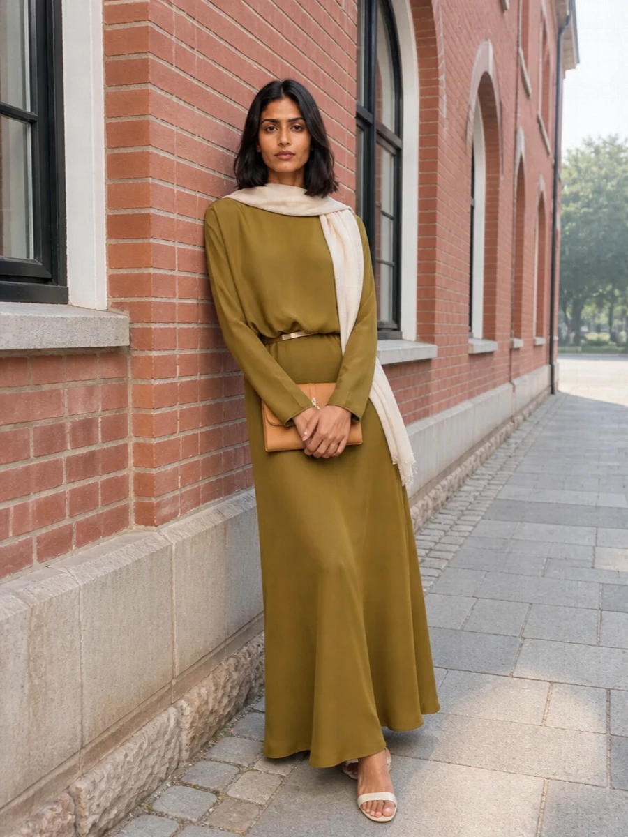 An olive gold column gown is paired with cream sandals and a camel flap clutch for a warm, monochromatic evening story that feels precise rather than showy. The soft ivory wrap lightens the palette near the face and keeps the long, fluid proportions serene and uninterrupted. Think of it as a way to dress for night in colour without leaning on black.