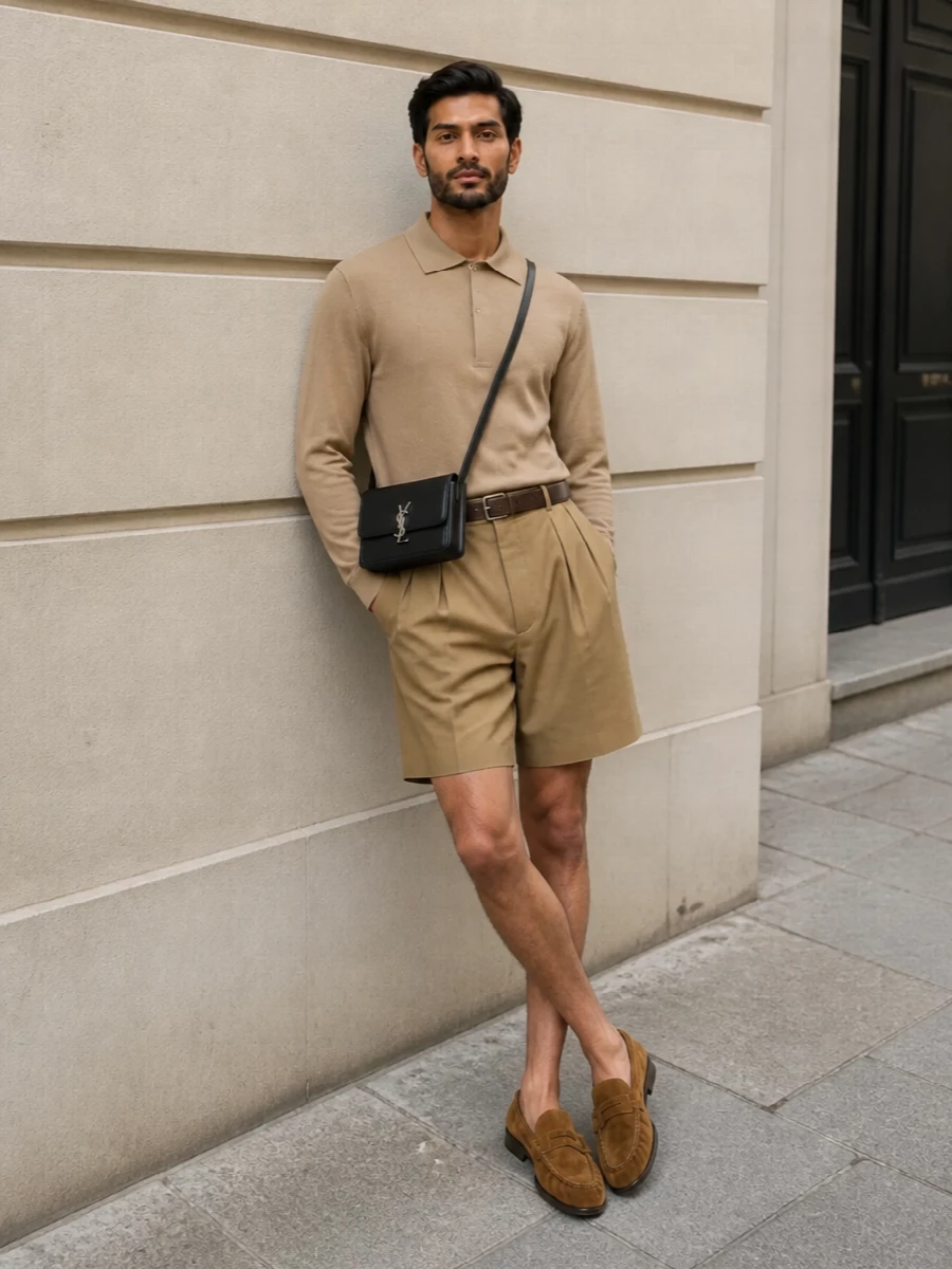 Saint laurent camel shorts knit polo outfit