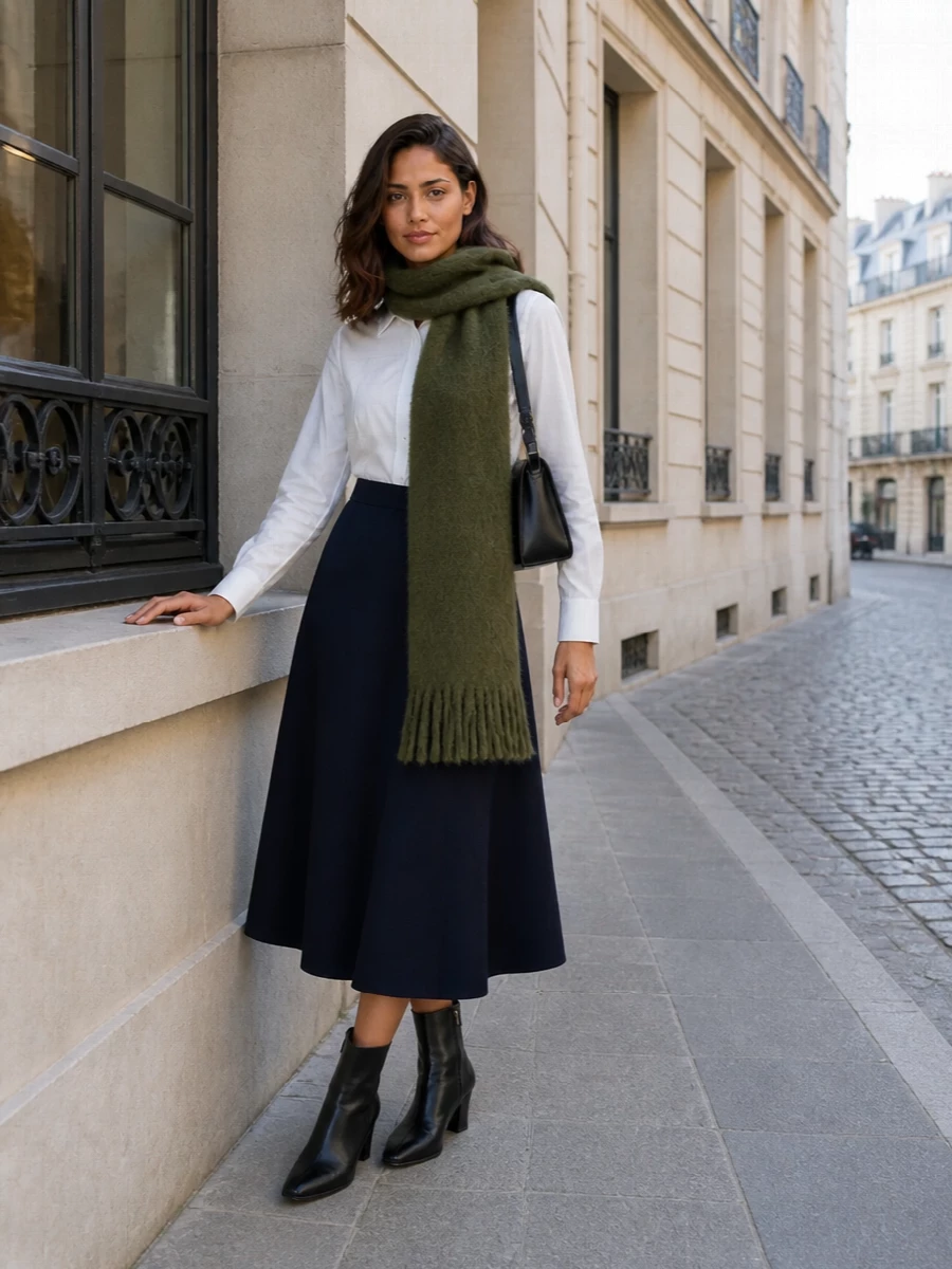 Jil sander navy midi skirt white shirt ankle boots