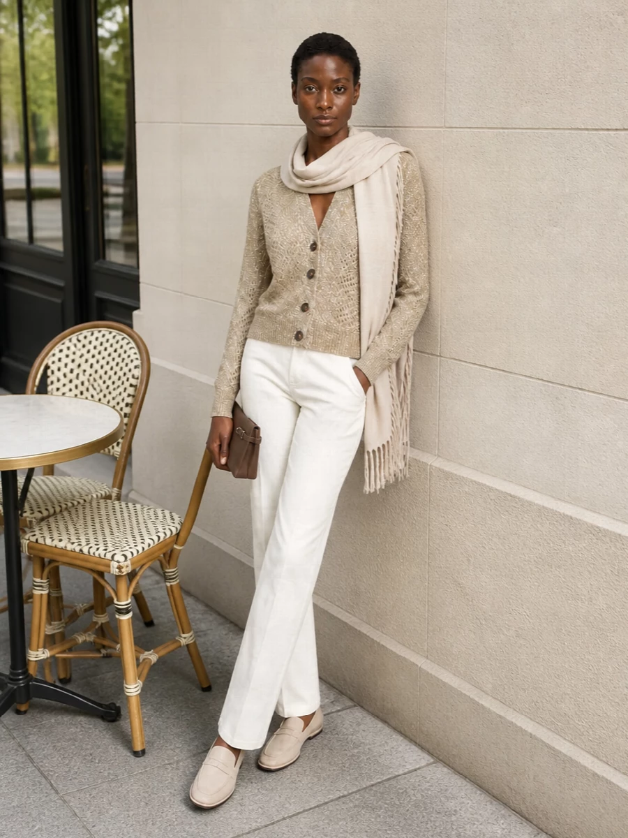 Brunello cucinelli gold cardigan ivory trousers