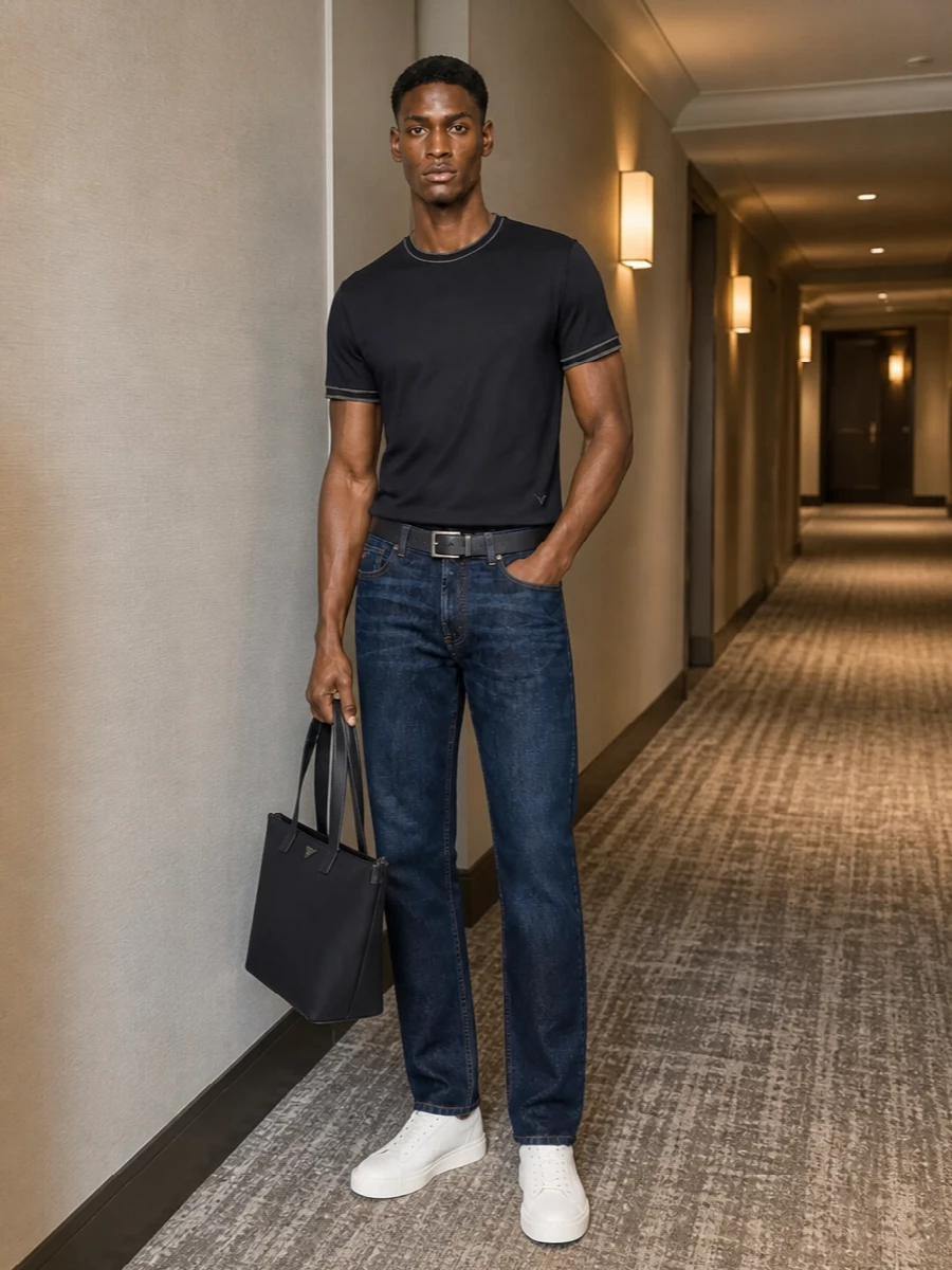 Emporio armani dark jeans navy tee outfit
