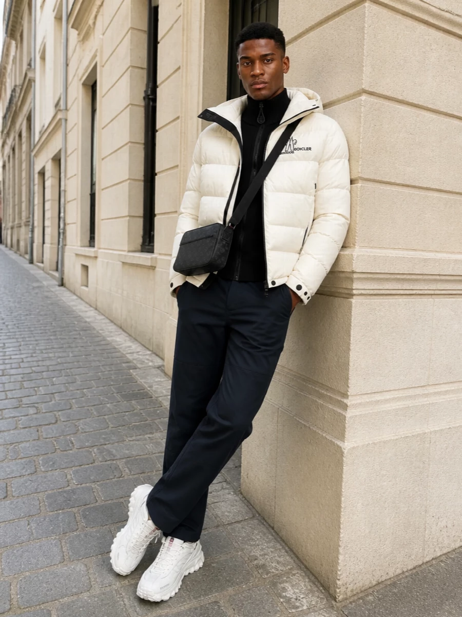 This look leans into modern alpine minimalism: an off‑white Moncler Grenoble puffer grounded by a sleek black zip turtleneck and ink‑navy technical trousers for a clean, elongated silhouette. Chunky white trail runners mirror the jacket’s crisp contrasts, while a structured dark Gucci crossbody introduces just enough monogram detail to keep the outfit luxe but restrained. It’s a quietly confident FW uniform that moves effortlessly from city pavements to mountain town weekends.
