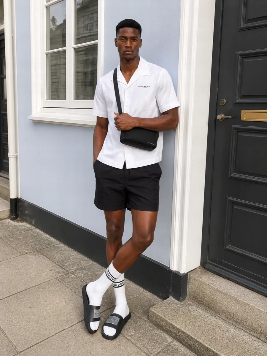 Givenchy black shorts white camp shirt slides