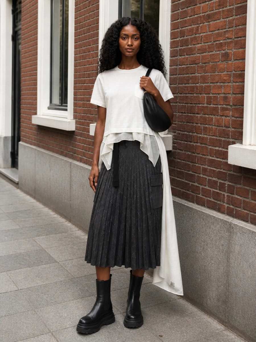 Sacai’s asymmetric tee sits over the checked pleated midi in a soft monochrome palette, creating a fluid, architectural column that still feels grounded. Chunky black boots add urban weight at the hem, while a close-hugging black crescent bag and pale scarf keep the finish controlled and quietly polished for city days and gallery evenings alike.