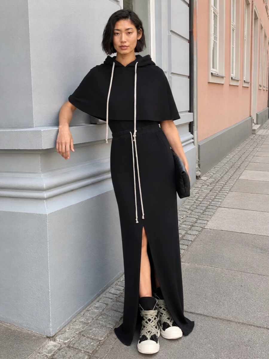 Rick owens drkshdw cape hoodie black maxi skirt