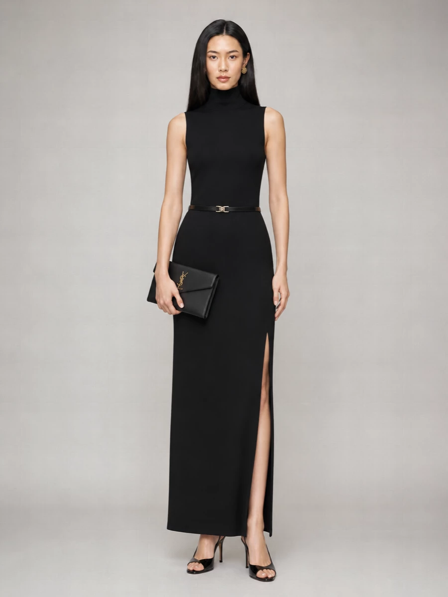 A pure black column feels quietly powerful here, cut close to the body with just enough slit to move. Glossy slingbacks and a structured Saint Laurent clutch bring in polish, while compact gold studs and a slim belt keep the focus on proportion rather than decoration. It is evening dressing that reads composed and architectural rather than overtly dramatic.
