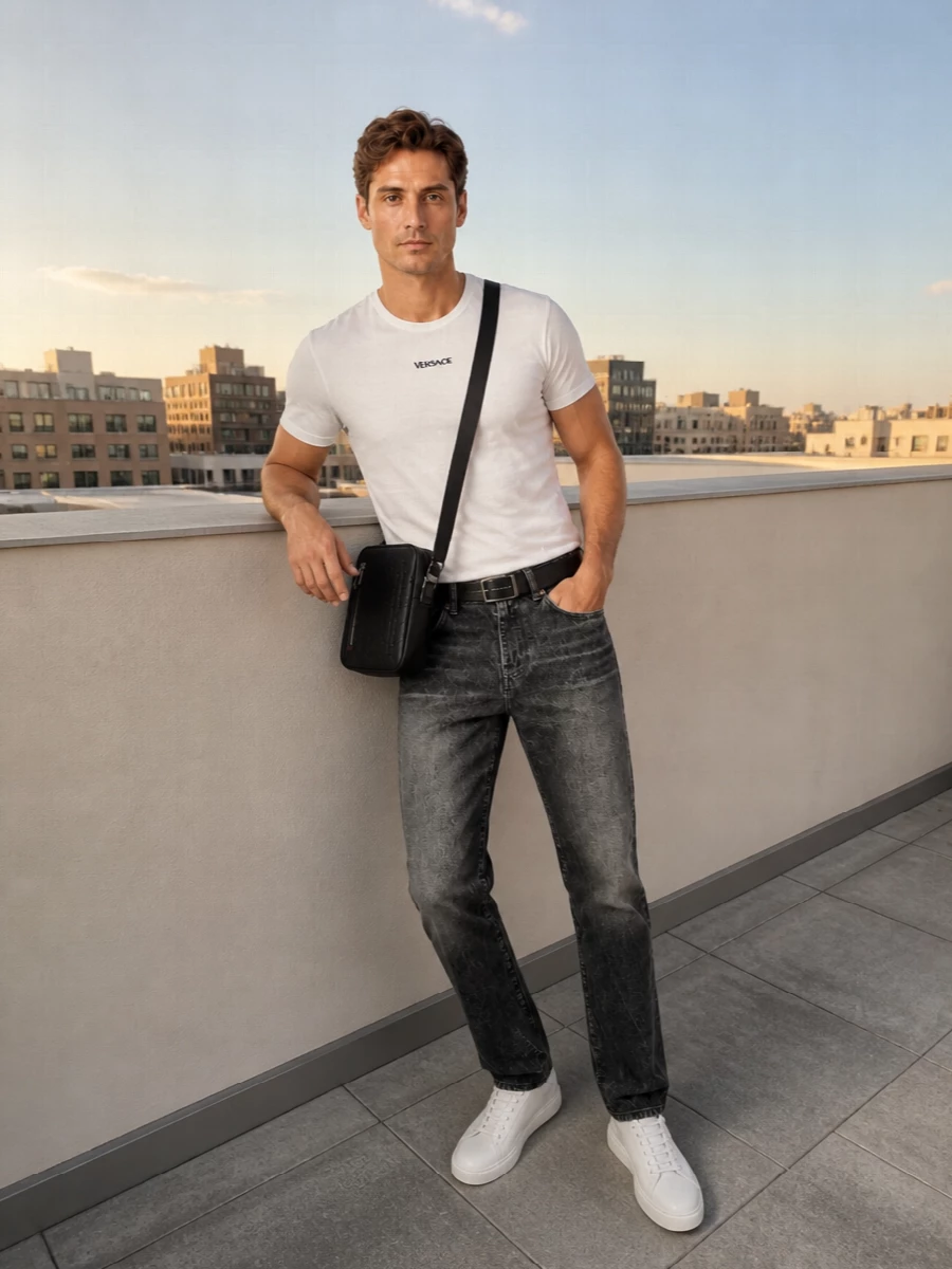 Versace white logo tee charcoal jeans outfit