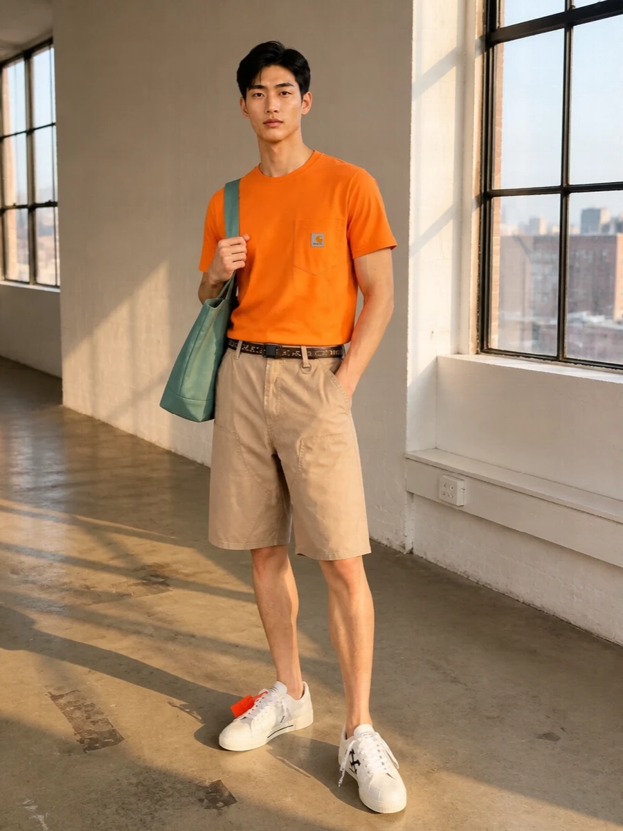 Carhartt wip orange tee cargo shorts outfit
