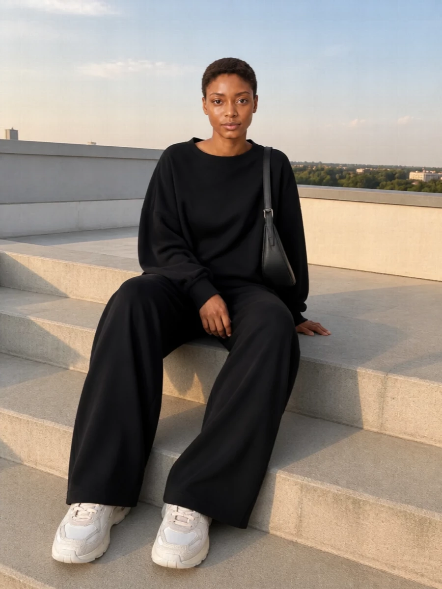 An all‑black, oversized Alaïa top meets fluid Emporio Armani wide‑leg trousers for a cocooned, minimalist silhouette that still feels precise. Tonal cream and grey sneakers keep it grounded and modern, while a sculpted black Burberry shoulder bag adds just enough structure without breaking the clean lines.
